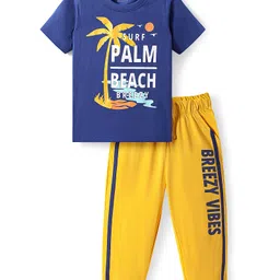 Honeyhap Premium Cotton Knit Half Sleeves Bio Finish Night Suit with Beach Theme Print - Limoges & Old Gold-picture-25