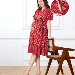 Bella Mama Woven Half Sleeves Floral Printed Maternity Dress with Pocket - Maroon-picture-10