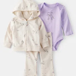Carter's Knit Full Sleeves Hooded Jacket & Joggers Set with Onesie with Unicorn Print - Lilac & Ivory-picture-31