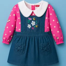 Babyhug Cotton Woven Frock With Full Sleeves Inner Tee & Floral Print - Blue-picture-14