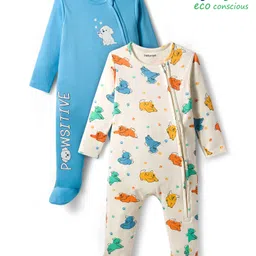 Babyoye 100% Cotton Interlock Knit Full Sleeves Footed Sleepsuit With Animal Print Pack Of 2 - Cream & Blue-image-44