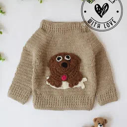 Woonie Hand Knit Full Sleeves Dog with Bone Designed Sweater - Beige-image-8
