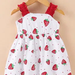 Mark & Mia Single Jersey Knit Singlet Sleeves Frock with Strawberry Print & Bow Applique - White image 2