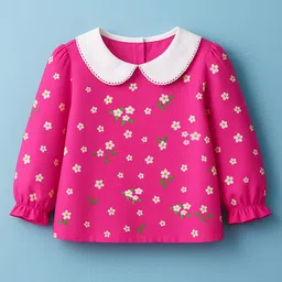 Babyhug Cotton Woven Frock With Full Sleeves Inner Tee & Floral Print - Blue image 2