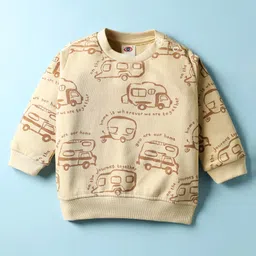 Zero Fleece Knit Full Sleeves Co-ords Winter Wear Sweatshirt & Lounge Pant Set with Vehicle Print - Cream image 2