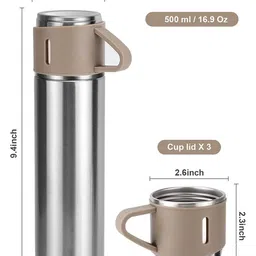 ARCADE TOYS Double Wall Stainless Steel Vacuum Insulated Bottle Water Flask Gift Set with Two Cups Hot & Cold Brown - 500 ml image 3