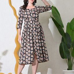 DECKEDUP Women Floral Print Square Neck Cotton Fit & Flare Midi Dress Comes with a belt-picture-30