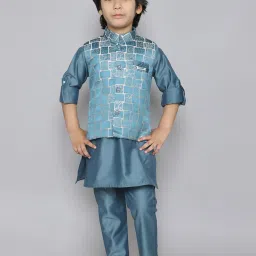 Ministitch Boys Teal Cotton Regular Fit Kurta Set image 1