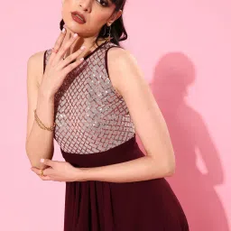 Miss Chase Maroon Embellished High-Low Dress image 4