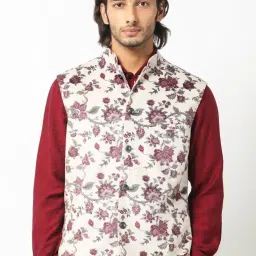 Rare Rabbit Beige Tailored Fit Floral Bandhgala image 1