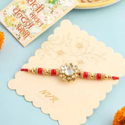 NVR Men Red Kundan Studded Floral Design Thread Rakhi with Roli Chawal Chandan & Mishri image 1