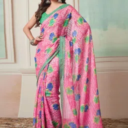 Satrani Pink Floral Print Saree With Unstitched Blouse image 1