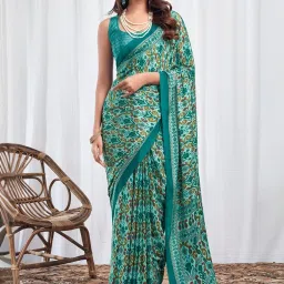 Satrani Blue Printed Saree With Unstitched Blouse image 1