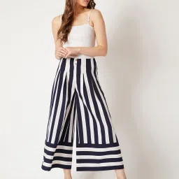 Miss Chase Navy & White Striped Relaxed Fit High Rise Regular Length Culottes image 4