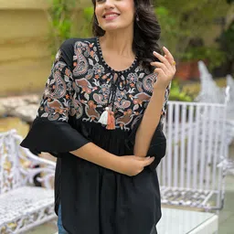 Divena Embroidered Tie-Up Neck Bell Sleeve Peplum Top image 3