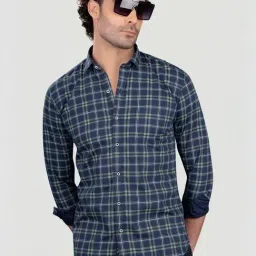 Almaty Blue Cotton Slim Fit Checks Shirt-picture-15