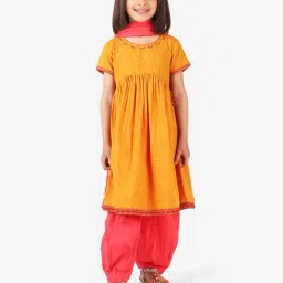 Fabindia Kids Mustard & Pink Printed Kurta, Salwar with Dupatta-image-84
