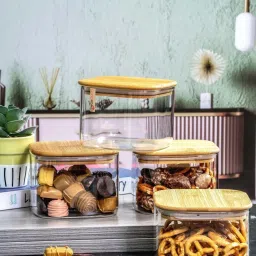 Goodhomes Transparent Glass Storage Jar with Wooden Lid - Set of 4 image 1