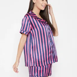 Clovia Pink & Blue Striped Shirt With Shorts image 3
