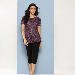 Aarika Black Nylon Printed Short Sleeves Swimsuit With Cap image 1