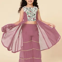 A.T.U.N. Kids Off-White & Lilac Embroidered Kurta Set image 4