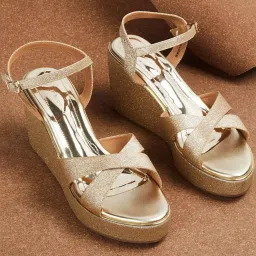 Melange by Lifestyle Women's Gold Ankle Strap Wedges image 1