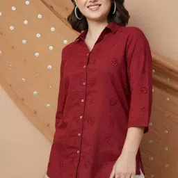 Melange By Lifestyle Maroon Cotton Regular Fit Embroidered Shirt image 1
