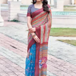 Satrani Blue & Pink Floral Print Saree With Unstitched Blouse-image-95