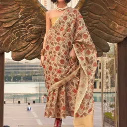 Vardha Beige Floral Print Saree With Unstitched Blouse image 1