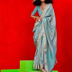 Vardha Teal Blue Striped Saree With Unstitched Blouse image 1