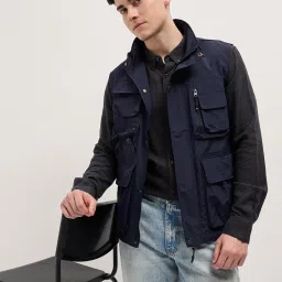 The Bear House Blue Nylon Regular Fit Solid Casual Jacket image 1