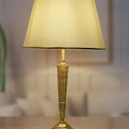 FOS LIGHTING Conical Antique Golden & Off-White Brass Table Lamp With Fabric Shade image 1