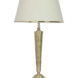 FOS LIGHTING Conical Antique Golden & Off-White Brass Table Lamp With Fabric Shade image 3