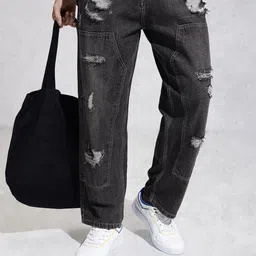 WROGN Men Loose Fit Mid-Rise Highly Distressed Light Fade Pure Cotton Jeans-picture-34