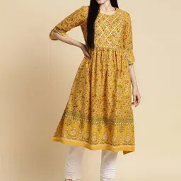 Rangita Yellow Cotton Printed A Line Kurta image 1