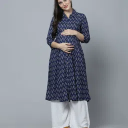 Zelena Three Fourth Sleeves Motif Printed Maternity Kurta - Blue-picture-13