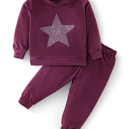 Babyhug Velour Woven Full Sleeves  Winter Wear Suit with Sequin Star Detailing - Wine-picture-27