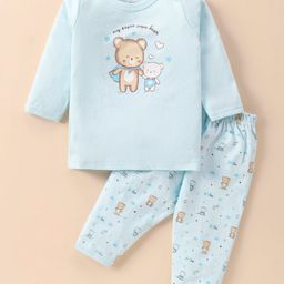 Simply Interlock Knit Full Sleeves Night Suit with Teddy Bear Print - Light Blue-picture-13