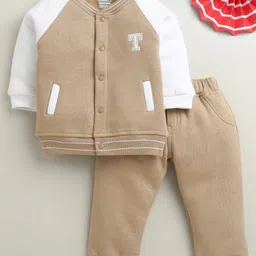 BUMZEE Knit Full Raglan Sleeves Winter Wear Sweashirt & Lounge Pant Set With Text Embriodery - Tan-picture-25