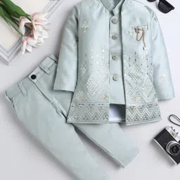 Fourfolds Woven Solid Sherwani Pant With Full Sleeves Geometric Embroidered & Sequins Embellished Jacket Set - Grey-picture-19
