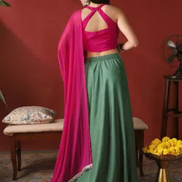 Globus Pink & Green Embroidered Ready to Wear Lehenga & Blouse With Dupatta image 2