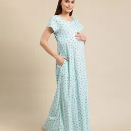 Bella Mama Half Sleeves Maternity & Nursing Nighty Floral Print - Blue image 4