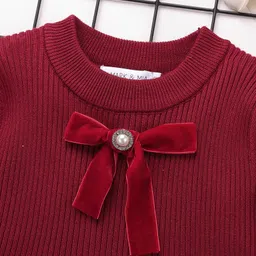 Mark & Mia Viscose Full Sleeves Woolen Dress with Bow Applique - Maroon image 3