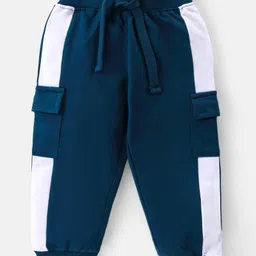 Babyhug Cotton Knit Full Sleeves Hooded Color Block T-Shirt & Lounge Pants Set With Text Print - Teal Blue image 4