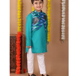 Kinder Kids Cotton Full Sleeves Solid Kurta Pyjama With Foil Motif Printed Jacket - Green & Blue image 5