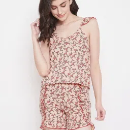 Clovia Pink & Beige Floral Print Cami Top & Shorts Set image 1