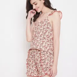 Clovia Pink & Beige Floral Print Cami Top & Shorts Set image 3