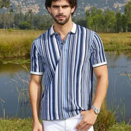 Campus Sutra Blue & White Regular Fit Striped Polo T-Shirt-picture-20