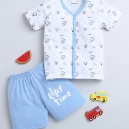 Bumzee Kids White & Blue Cotton Printed Jabla Set image 1