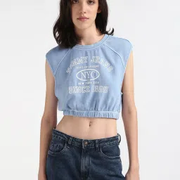 TOMMY HILFIGER Blue & White Cotton Graphic Print Crop Top image 1